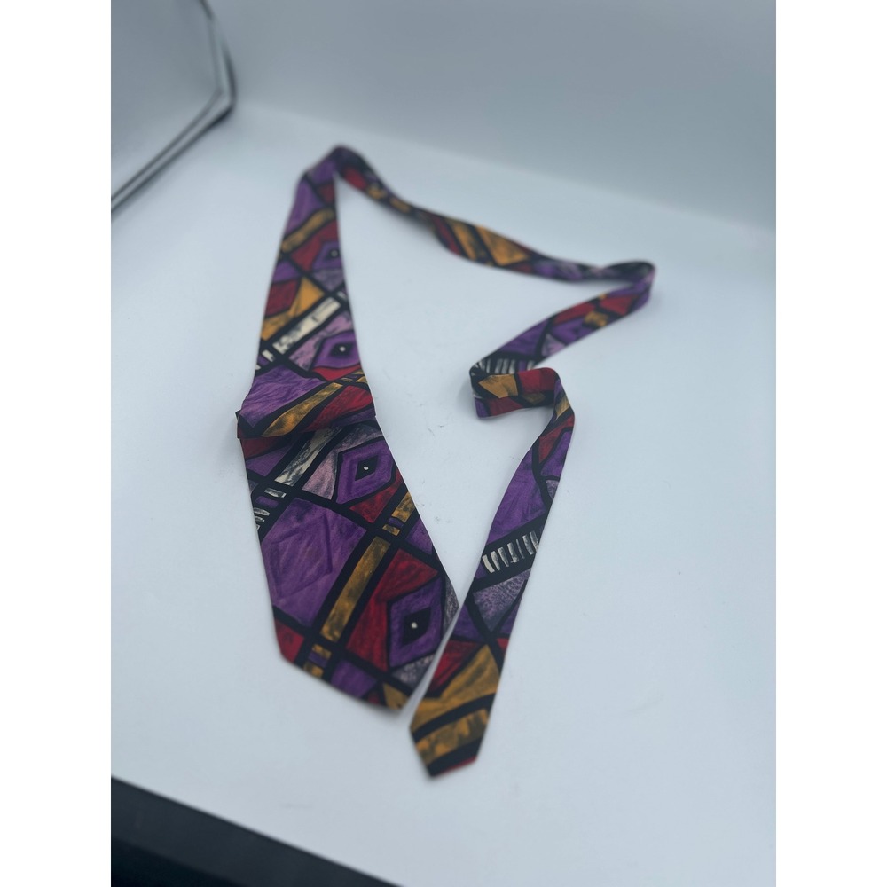 Metropolis Mens Tie Purple Red Gold Abstract Geometric Stained Glass Art Deco